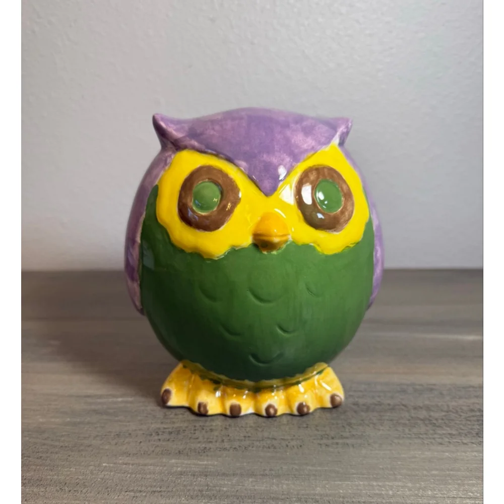 Vintage colorful, hand-painted ceramic owl piggy bank
